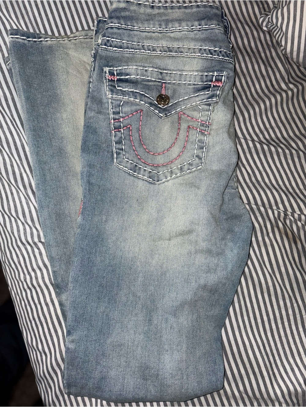 True Religion Light Wash Skinny Jeans with Pink Stitching